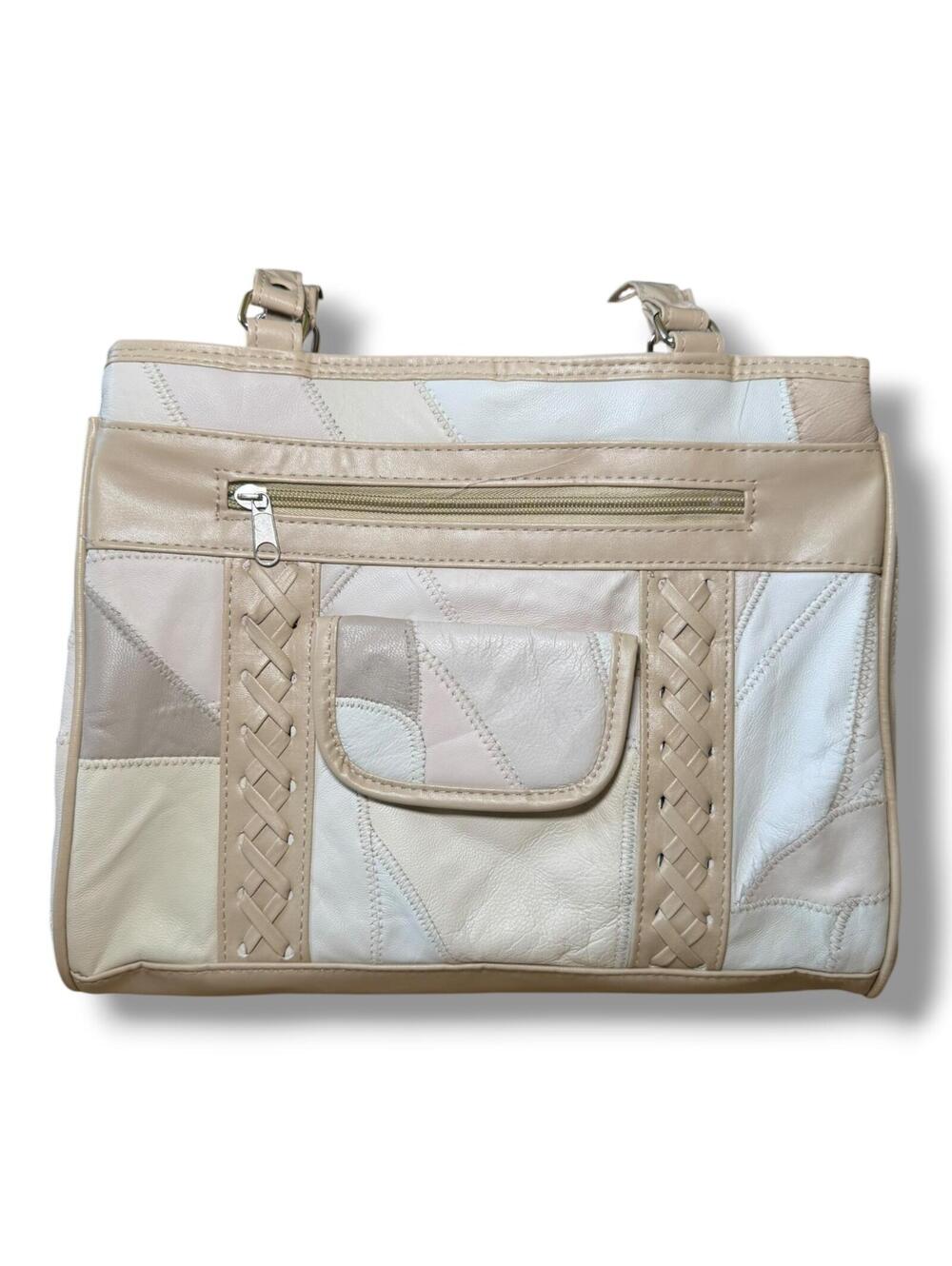 Vintage Patchwork Purse Cream Tan Leather Braided Shoulder Zipper Bag EUC - Picture 2 of 8
